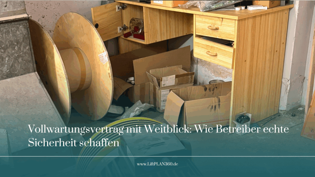 Im Maschinenraum eines Aufzugs mit Vollwartungsvertrag liegt Müll auf einem Schreibtisch.