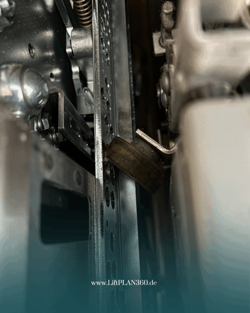 Detailansicht einer defekten Türrolle im Aufzugsschacht.