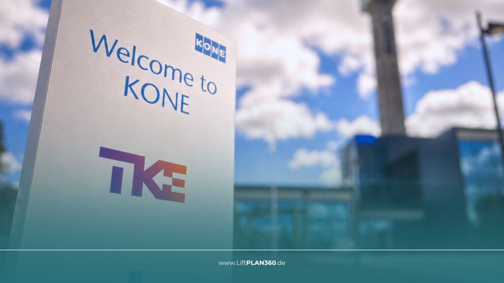 Firmenschild von Kone mit dem TKE-Logo darauf.